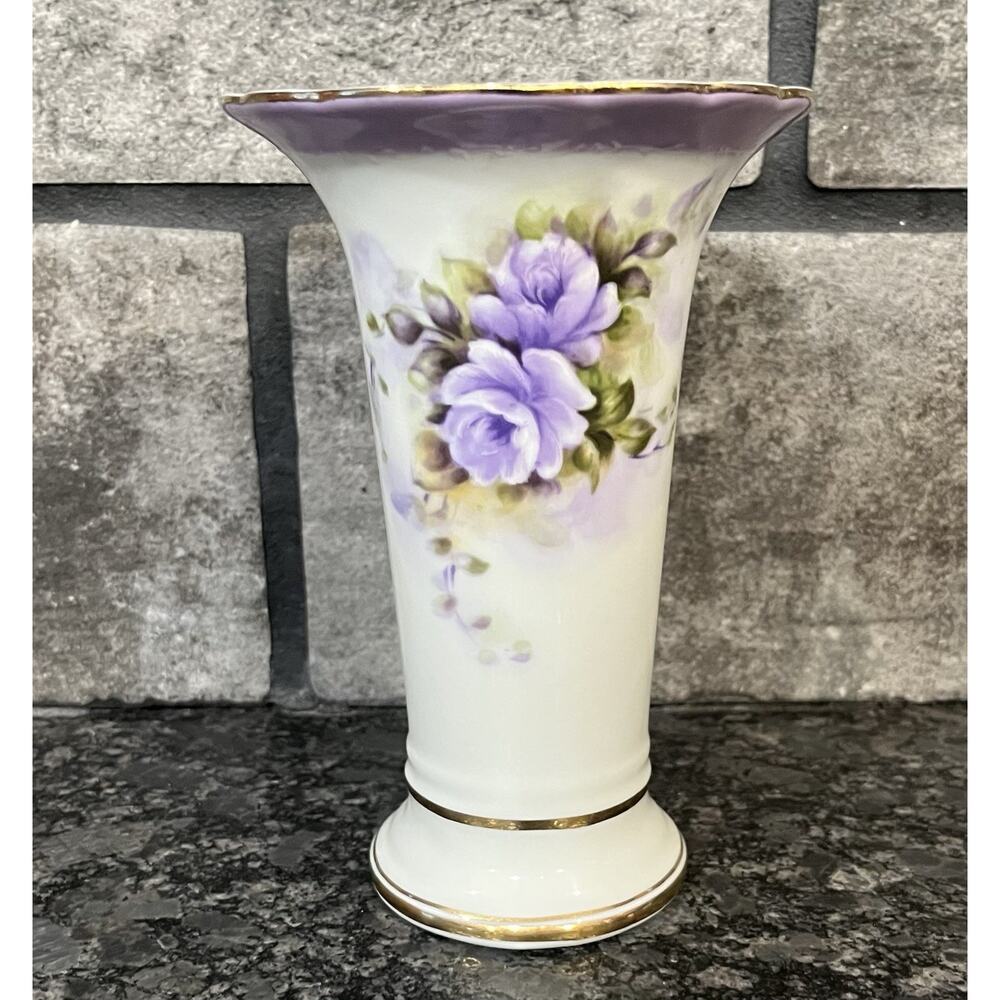Burton & Burton 6” Floral Porcelain Trumpet Vase Purple Violets Gold Trim